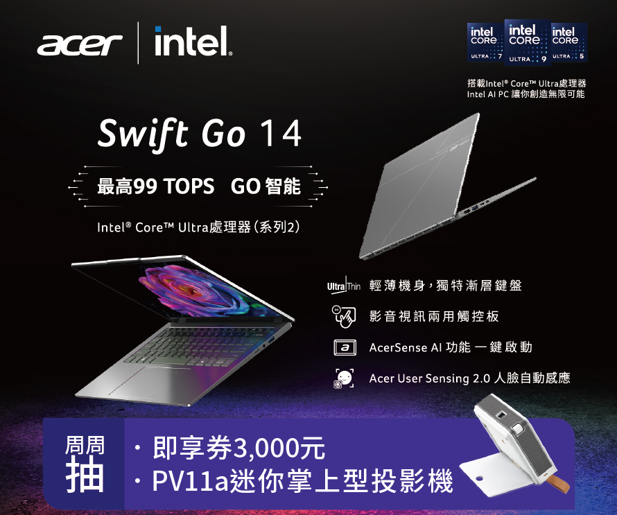 Acer AI PC GO 智能 新上市！Swift 指定機種加碼送